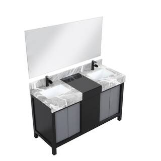 Lexora Zilara 55 in x 22 in D Black and Grey Double Bath Vanity Castle Grey Marble Top Matte Black Faucet Set 53 in Mirror LZ342255SLISM53FCM