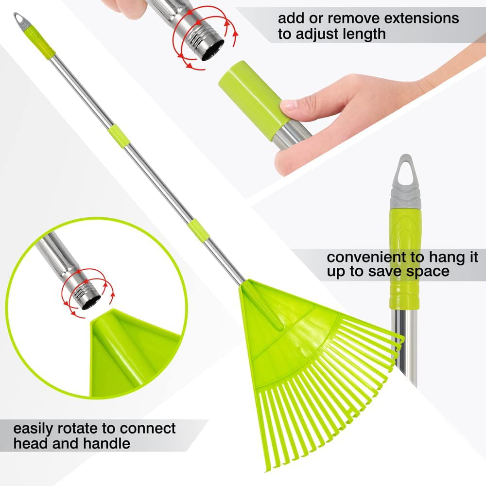 Plastic Leaf Rake Set, Garden Poly Shrub Rake with 56’’ Lightweight Stainless Steel Handle, Durable Plastic Head 22Tines & 15Tines