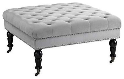 Isabelle Gray Velvet Square Tufted Ottoman   Traditional   Footstools And Ottomans   by BisonOffice  Houzz