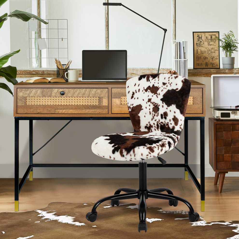 Faux Fur Brown Milk Cow Makeup Vanity Chairs With Golden Lacquer Base   Contemporary   Vanity Stools And Benches   by specialty imports  Houzz