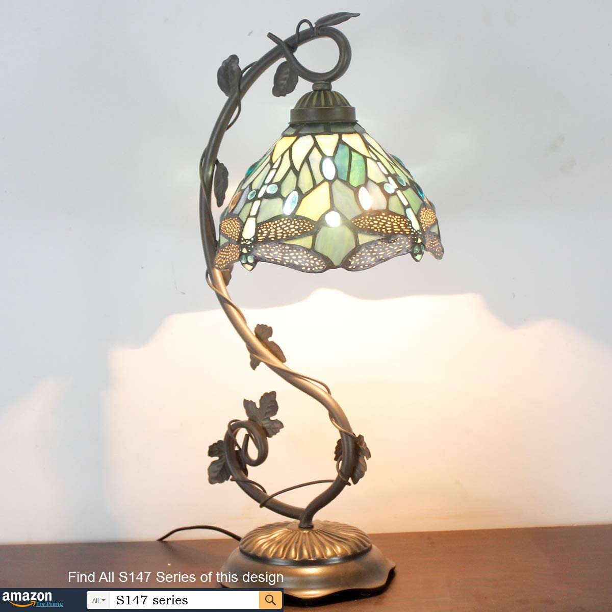 SHADY  Lamp Sea Blue Stained Glass Dragonfly Style Desk Reading Light  Metal Leaf Table Lamp Base 8X10X21 Inches Decor Small Space Bedside Bedroom Home Office S147 Series