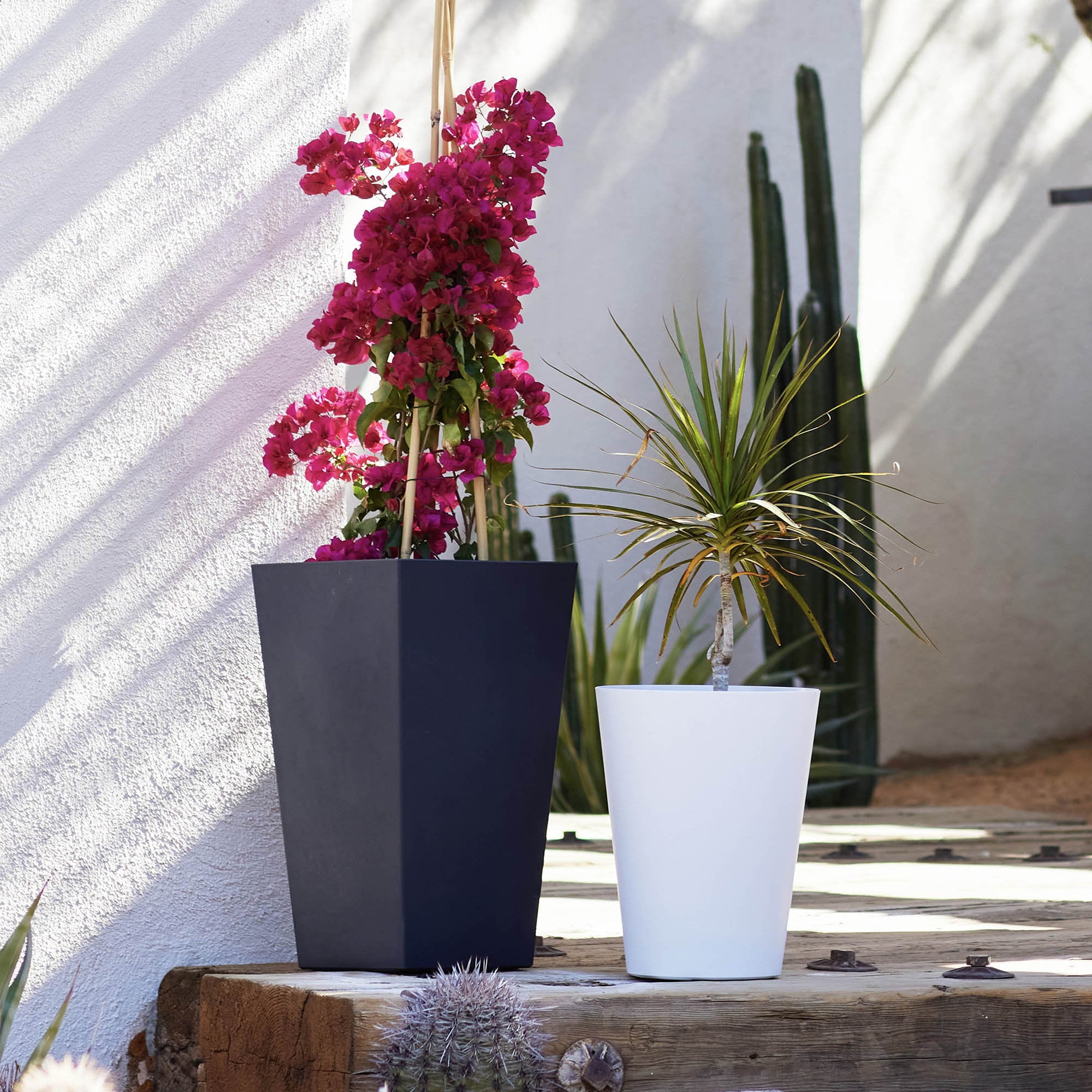 Bloem Tall Finley Tapered Round Planter: 14" - Casper White - Matte Textured Finish, 100% Recycled Plastic Pot, For Indoor and Outdoor Use, Gardening, 4 Gallon Capacity