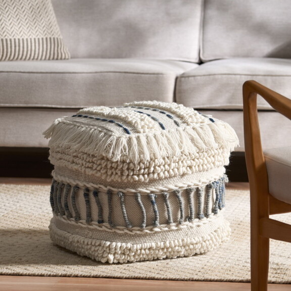 Proto Boho Handcrafted Fabric Cube Pouf  Ivory and...