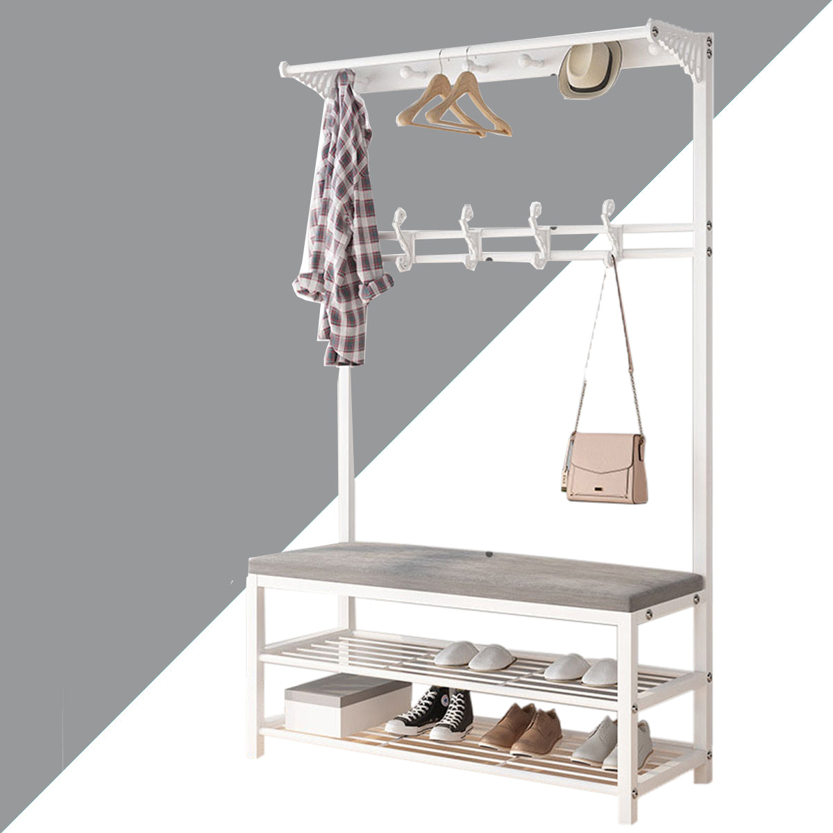 3-Tier Entryway Coat Rack with Shoe Bench， 3-in-1 Functional Coat Tree with Hooks for Living Room，Bedroom，Office，White