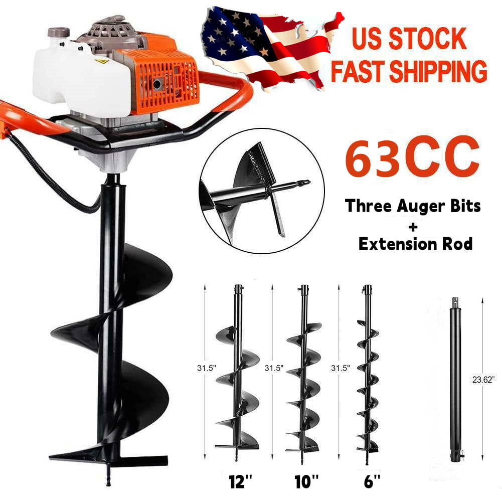 Dc House Hand-Held Gas Powered 62cc Post Hole Digger with 6"10"12" Earth Augers Extension Rods 3 Packages