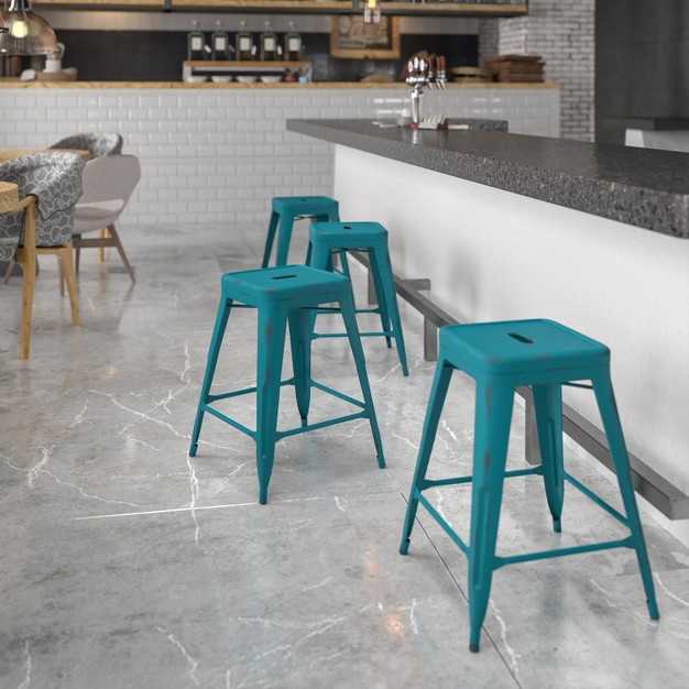 Emma And Oliver Commercial Grade 24 quot h Backless Distressed Metal Indoor outdoor Counter Stool