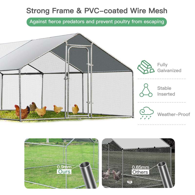 10' x 20' x 6.5' Galvanized Metal Large Walk-in Chicken Coop Cage Runs Hen House with Cover & Lockable Door