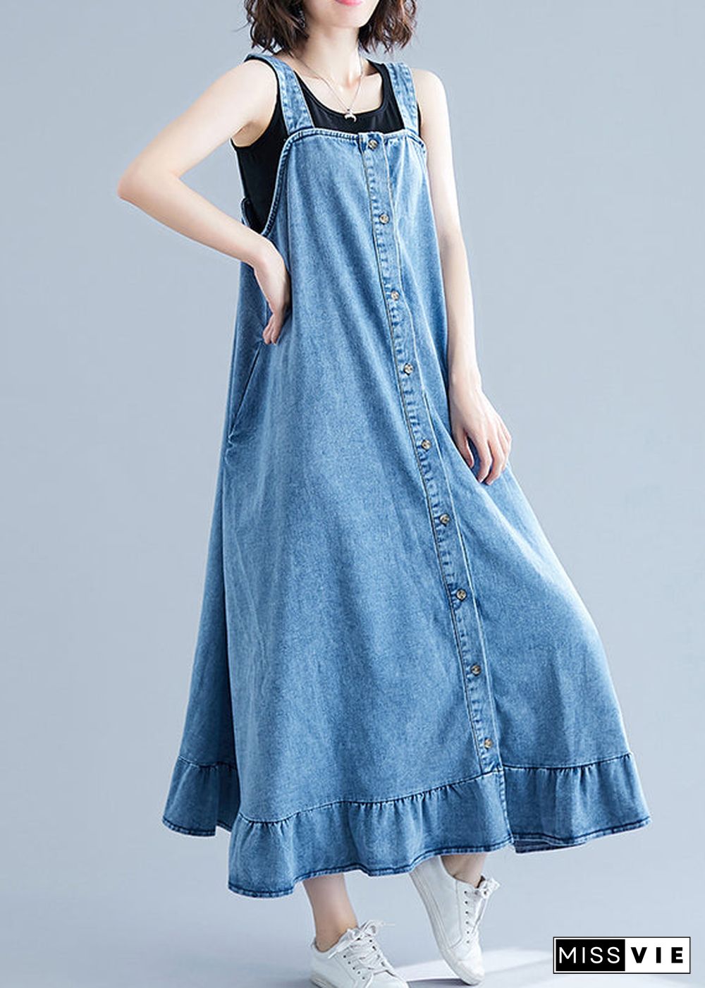 French Blue Ruffles Button Cotton Denim Strap Dress Summer