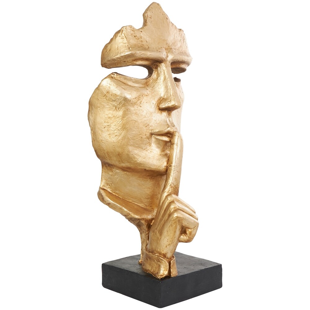 Gold Polystone Large Cutout Quiet Gesture Face Abstract Sculpture with Black Base