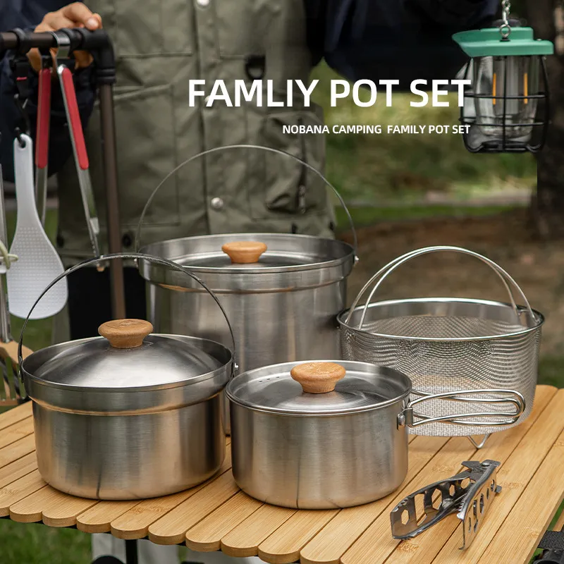 304 Stainless Steel Portable Outdoor Pot Set of  Kitchenware Camping Cooking Set Picnic  for 3 5 Person