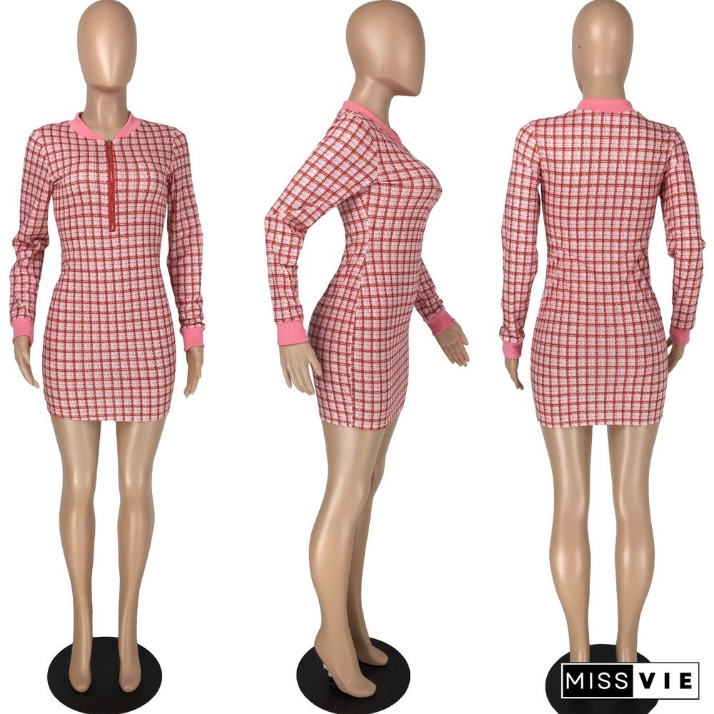 Long Sleeve Zipper Design Plaid Skinny Mini Dress