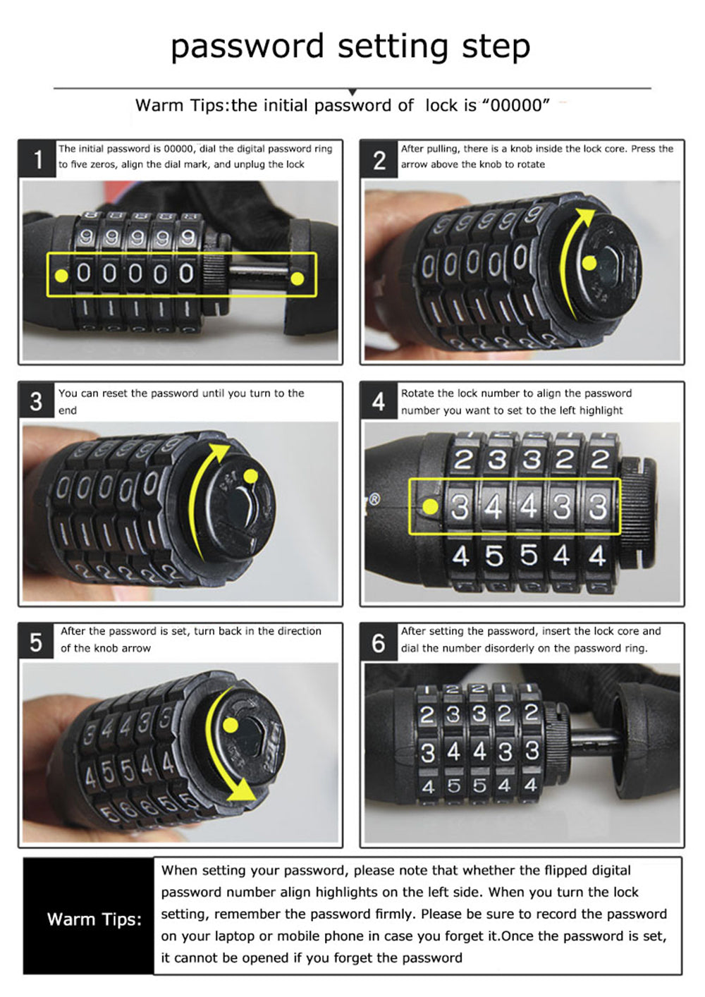 5-Digit Combination Password Bicycle Security Cable Chain Lock Resettable Black