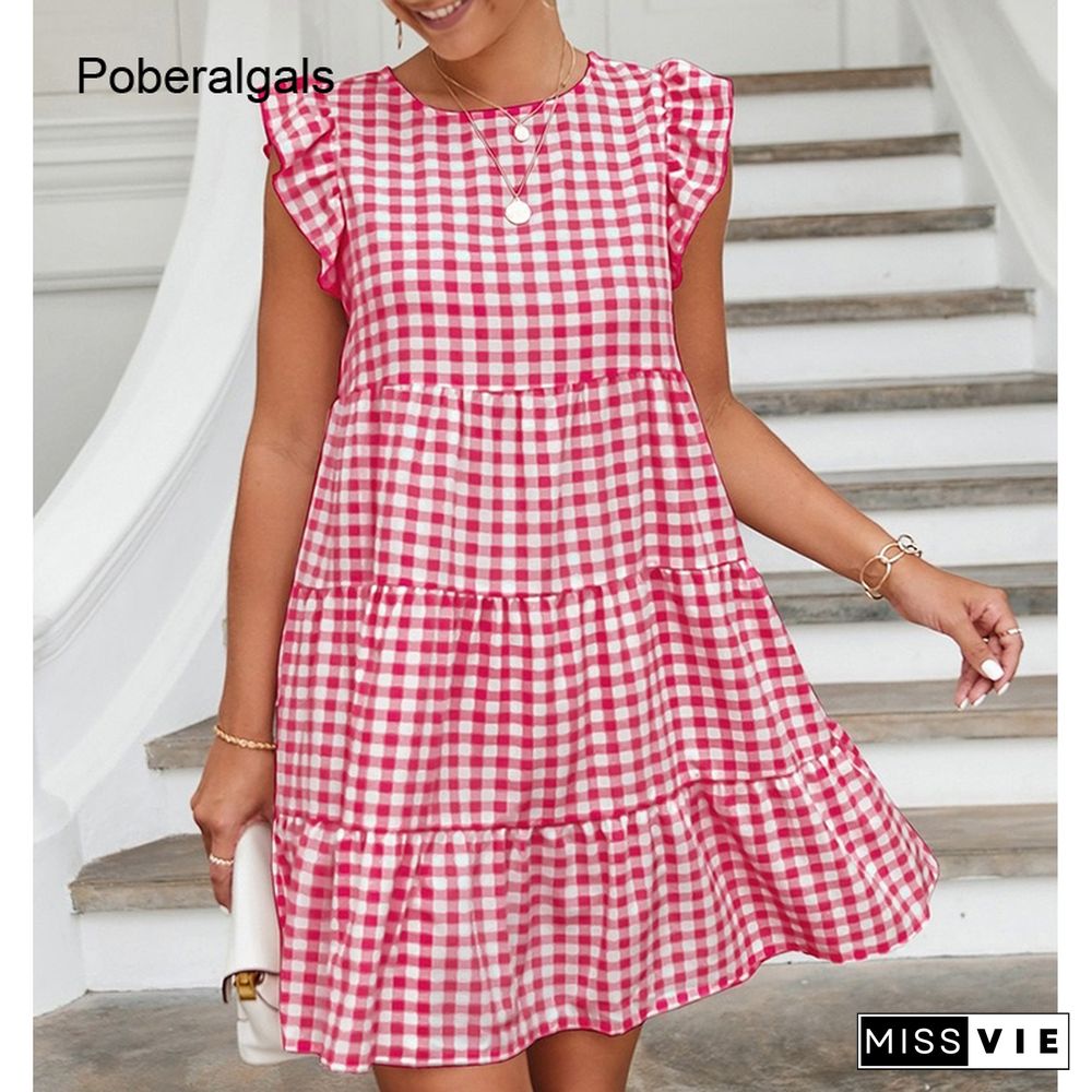 Elegant Fashion Women Summer Dress New O-neck Short Ruffle Sleeve Plaid Dress A-line Mini Dresses For Women Casual