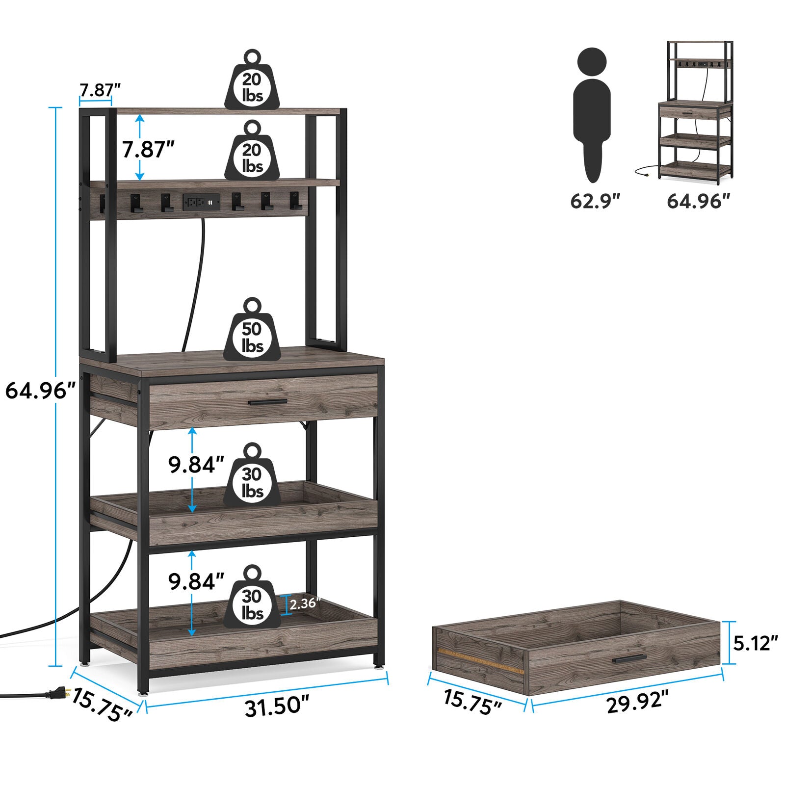 Tribesigns Kitchen Bakers Rack with Power Outlets and Drawer， 5 Tier Microwave Oven Stand with Sliding Shelves and Hooks， Grey