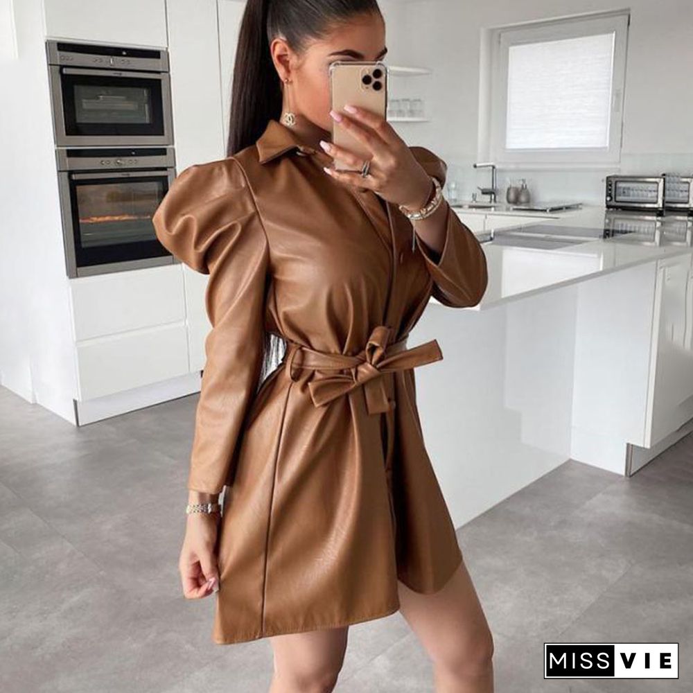 Winter Women Fashion PU Leather Dress Sashes Long Sleeve Short Dress Single-Breasted Casual Dress High Street Khaki Clothing New