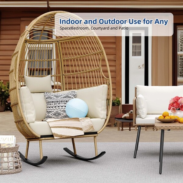 Moasis Outdoor Rocking Egg Chair，AllWeather Wicker Patio Rocking Basket Chair with Cushions