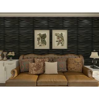 Art3dwallpanels Wave PVC Decorative Black Wall Panel for Living Room 19.7 in. x 19.7 in. x 1 in. (12-Pack) T10d037BK