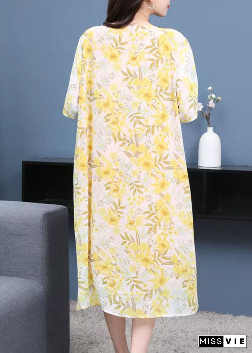 French Yellow O Neck Print Patchwork Chiffon Mid Dresses Summer