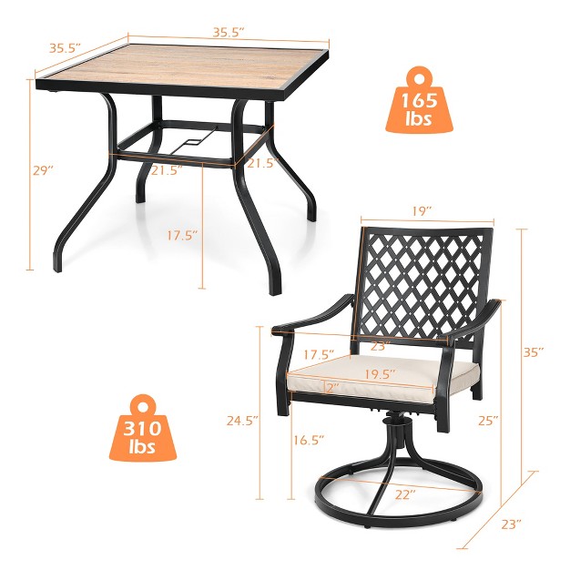 Costway 5pcs Patio Dining Set Square Table 4 Swivel Chair Rocker Cushioned Deck