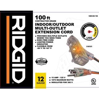 RIDGID 100 ft. 123 Heavy Duty IndoorOutdoor Extension Cord with Tritap Lighted End OrangeGrey 76100RGD