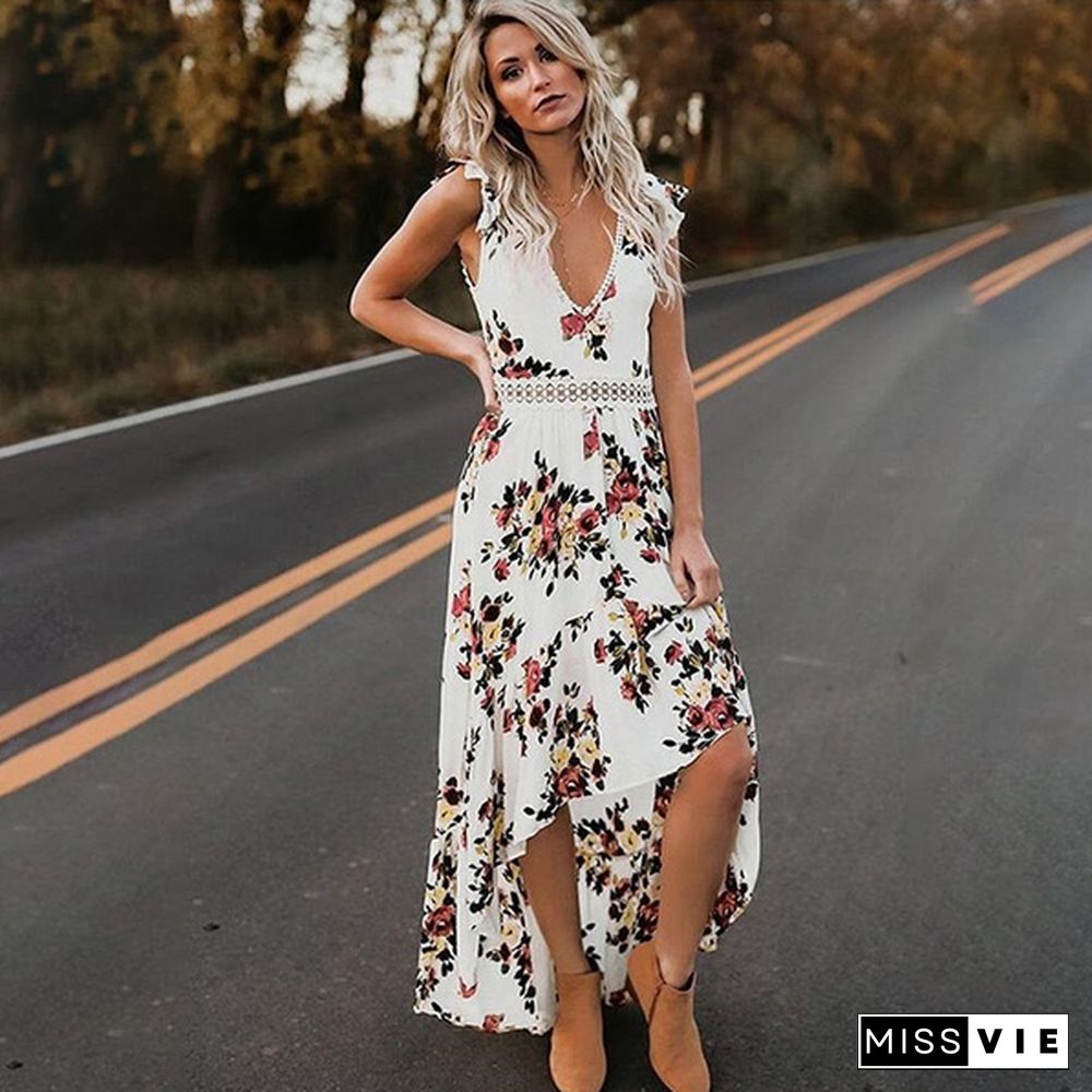 Maxi Irregular Boho Dress Summer Floral Print Sexy V-Neck Hem Dresses Holiday Bohemia Long Women Dress