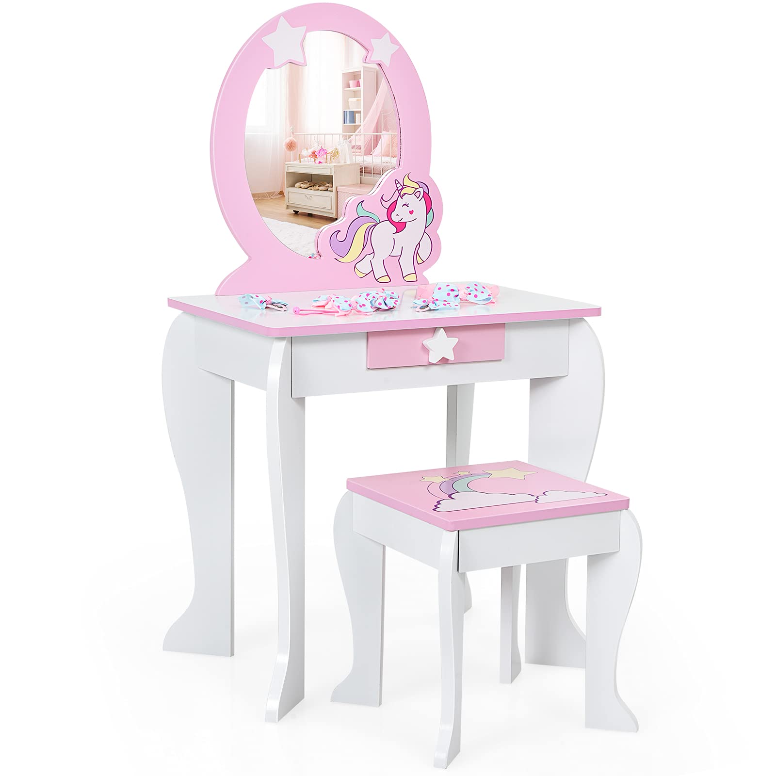 Costzon Kids Vanity Set with Mirror, 2 in 1 Wooden Princess Makeup Dressing Table with Detachable Top