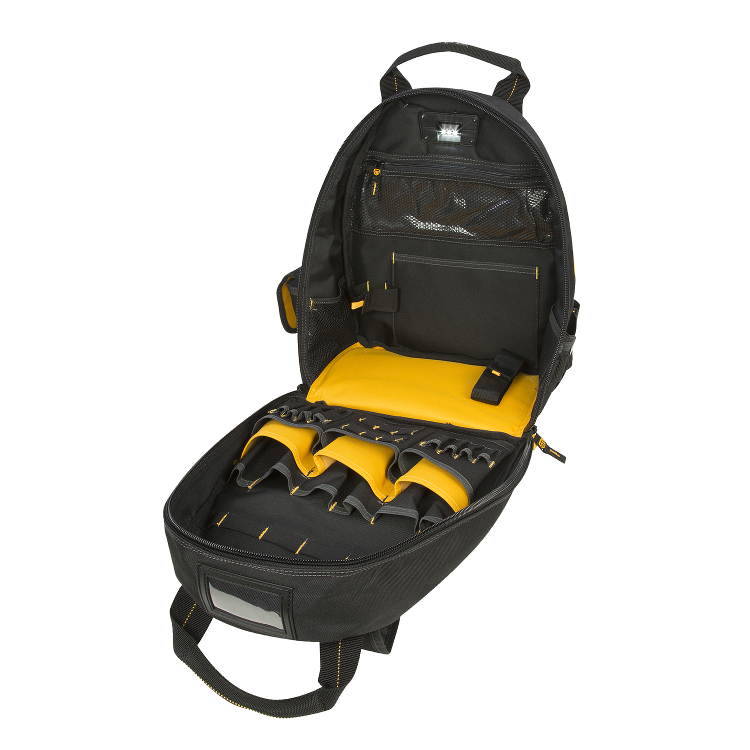 DW 8 in. W X 11 in. H Ballistic Polyester Lighted Backpack Tool Bag 57 pocket Black/Yellow 1 pc