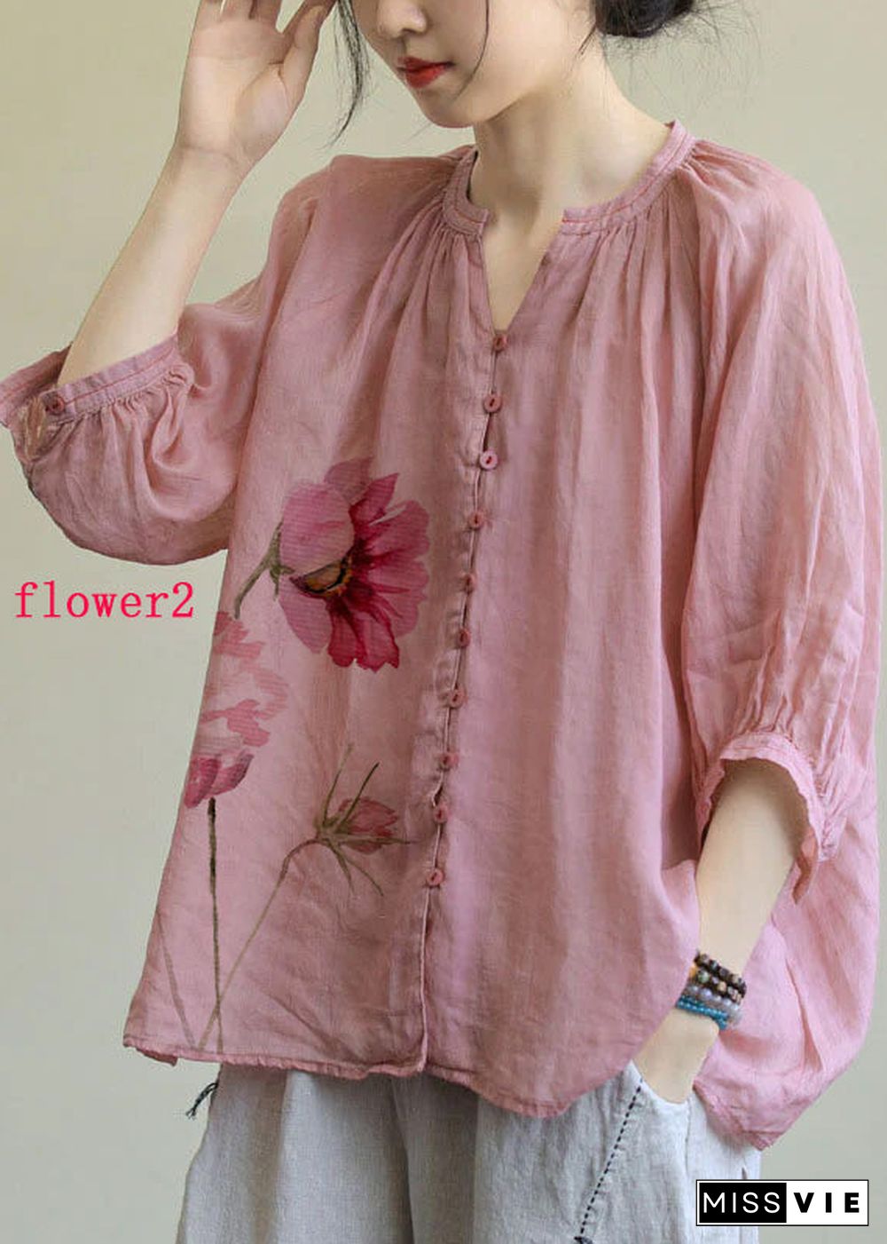 Italian Pink-purple flower V Neck Button Loose Fall Half Sleeve Blouse Top