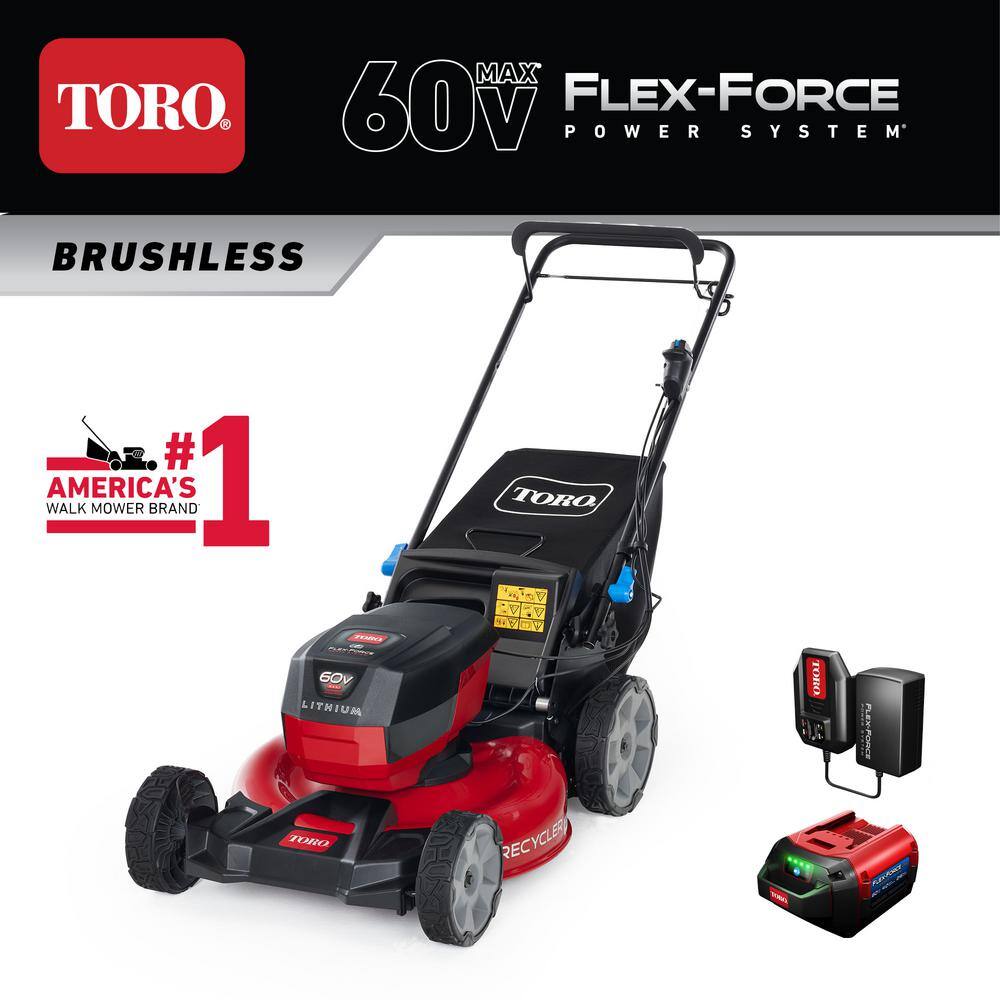 Toro 21326 21 in. Recycler SmartStow 60-Volt Brushless Cordless Battery Walk Behind Self-Propelled Mower - 5.0 Ah Battery and Charger