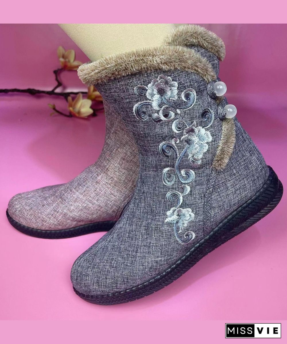 Pink Cotton Fabric Embroidery Splicing Fuzzy Wool Lined Boots