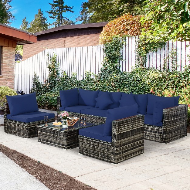 Costway 7pcs Patio Rattan Furniture Set Sectional Sofa Garden Navy Cushion