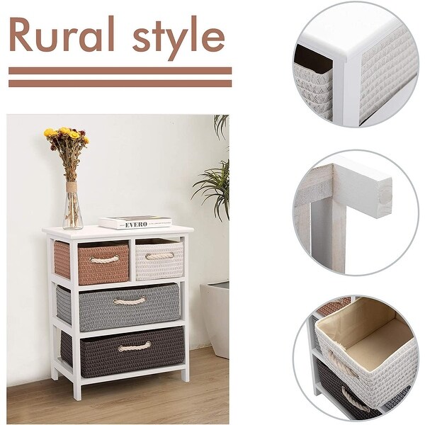 3-Layer Wood Nightstand， Storage Table with 4 Woven Basket - - 34460001