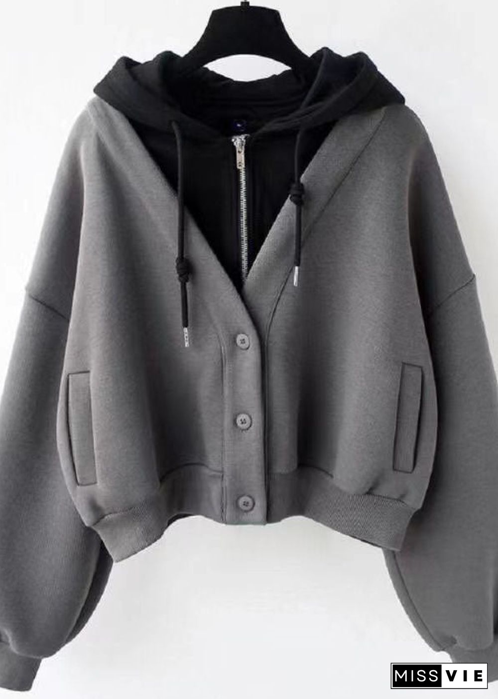 Classy Grey Patchwork Zippered Drawstring Sweatshirts Fall