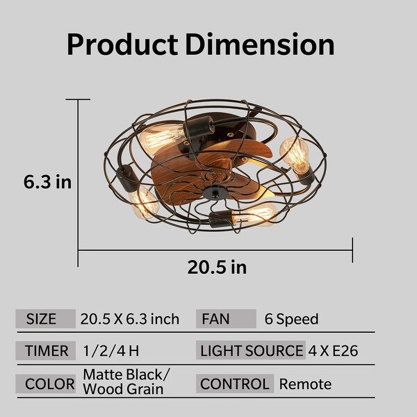 20 in. Low Profile Flush Mount Ceiling Fan Lights Wood Grain Modern Farmhouse Caged Ceiling Fan with Light for Bedroom Shopping - The Best Deals on Ceiling Fans | 40945630