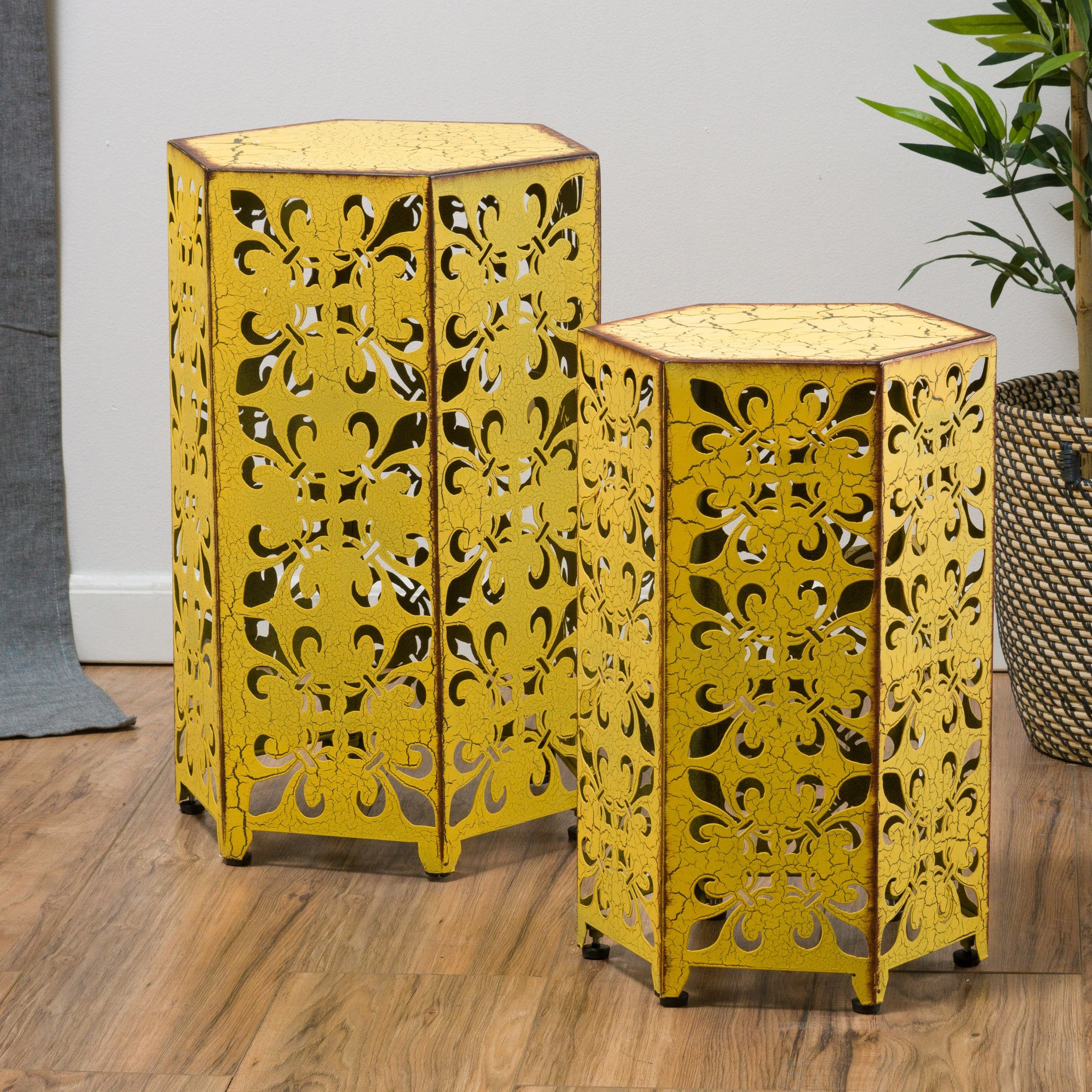 Contemporary Outdoor Hexagonal Antique Yellow Iron Accent Tables (Set of 2)