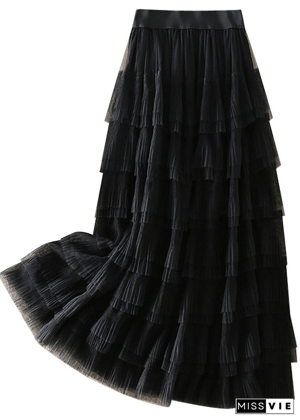 Organic Black elastic waist wrinkled Tulle Skirts Spring