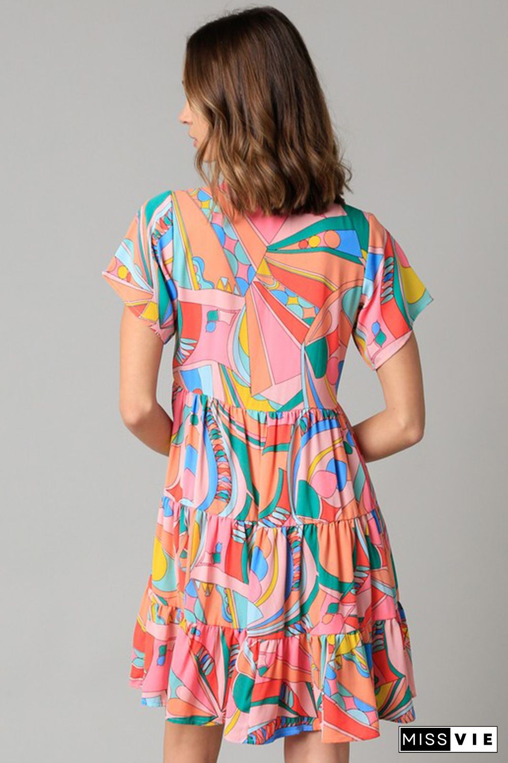 Multicolor Abstract Geometric Print Tassel Tie Flared Dress