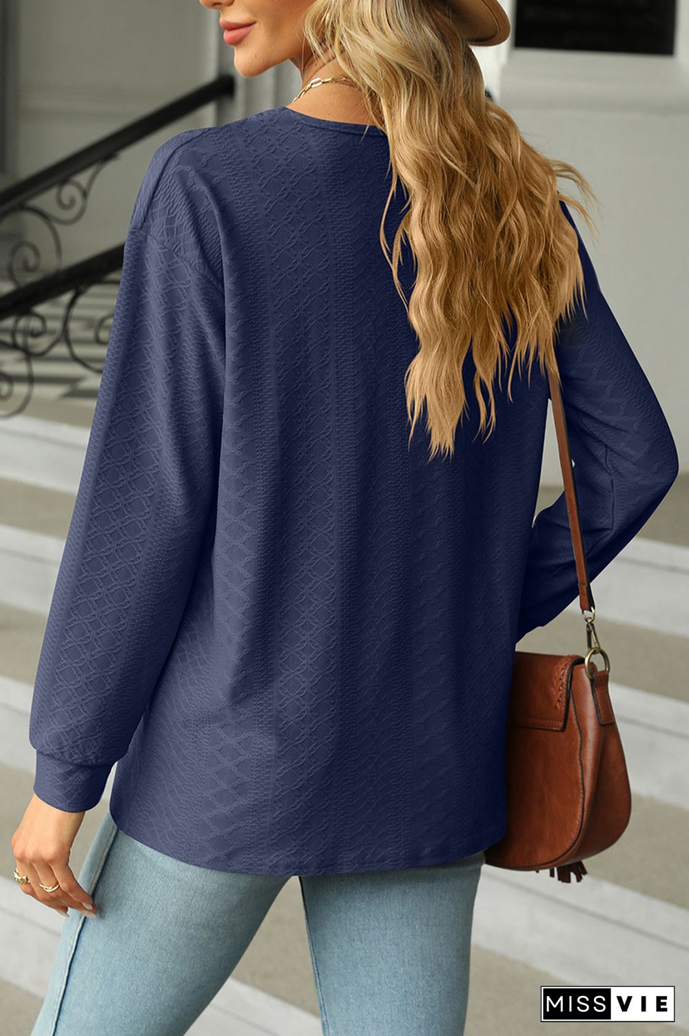 Jacquard Button Front V Neck Blouse