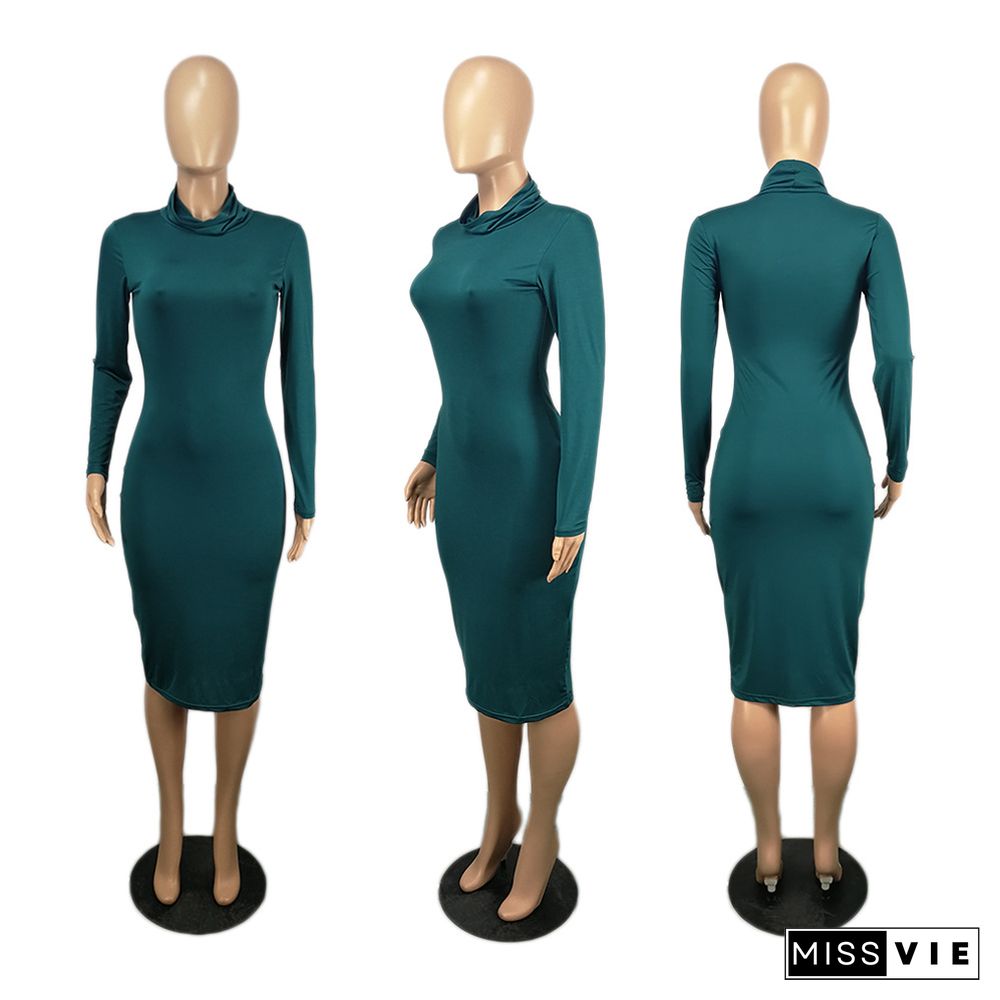 Fashion High Neck Long Sleeve Tight Dress