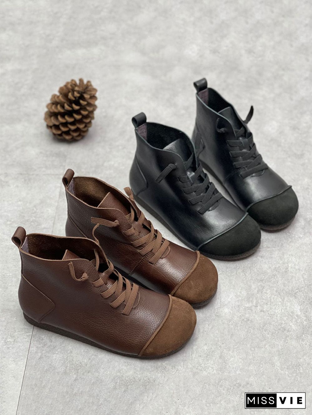 Women Winter Vintage Leather Drawstring Splicing Ankle Boots