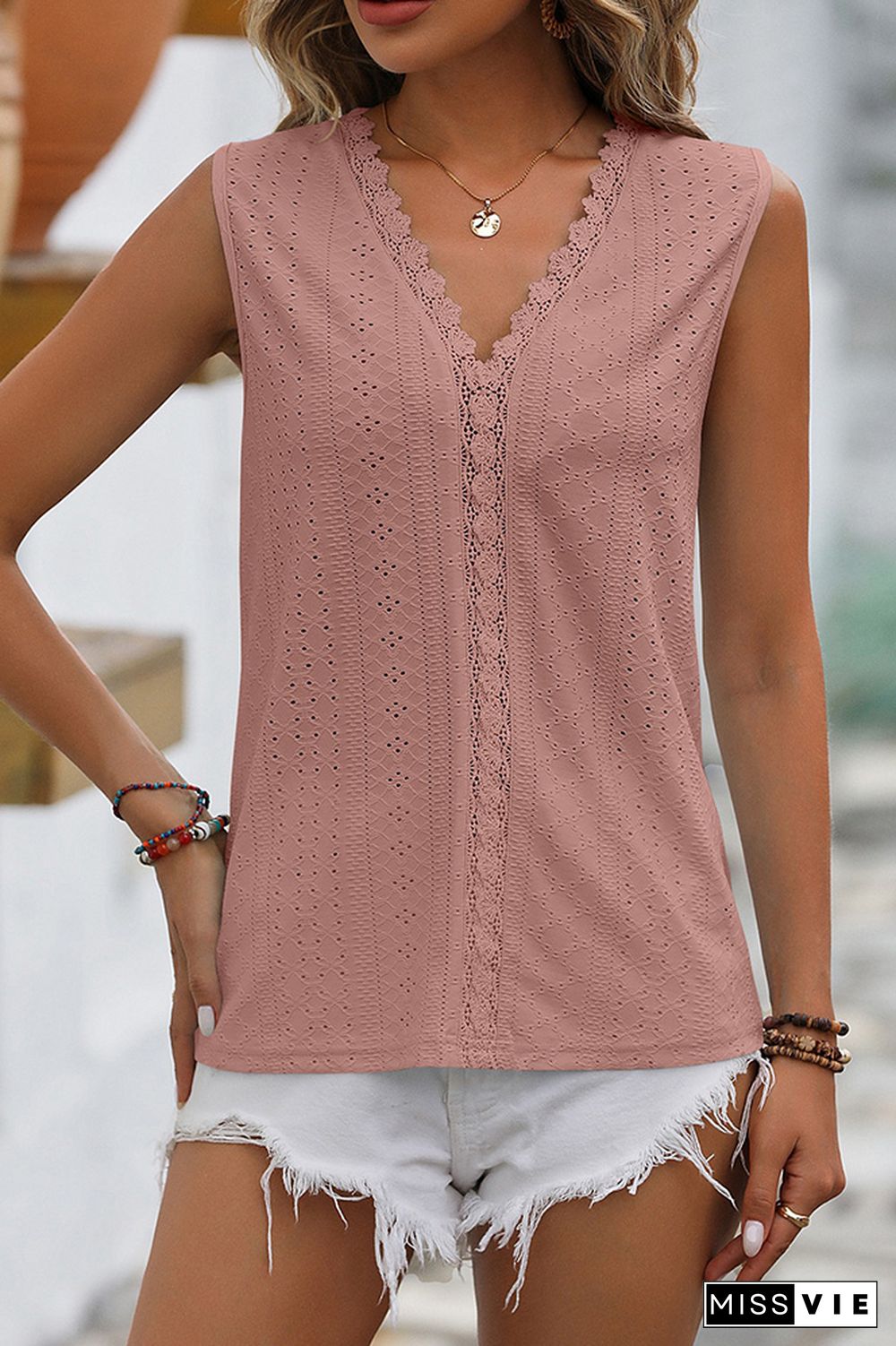 Plain V Neck Lace Edge Eyelet Pattern Tank Top