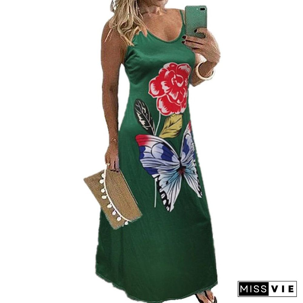 New Plus Size Fashion Women's V-neck Sleeveless butterfly Printing Dress Summer Beach Party Loose Casual Long Skirt Dress S-5XL