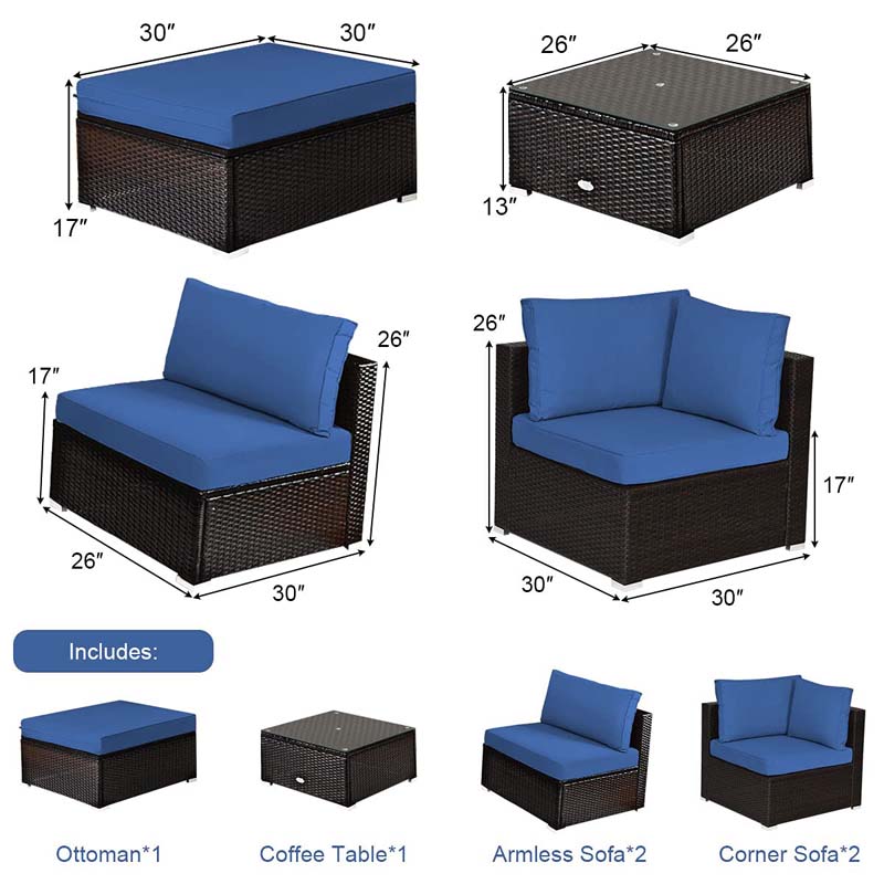 6 Pcs Outdoor Rattan Sectional Sofa Set with Coffee Table & Removable Seat & Back Cushions