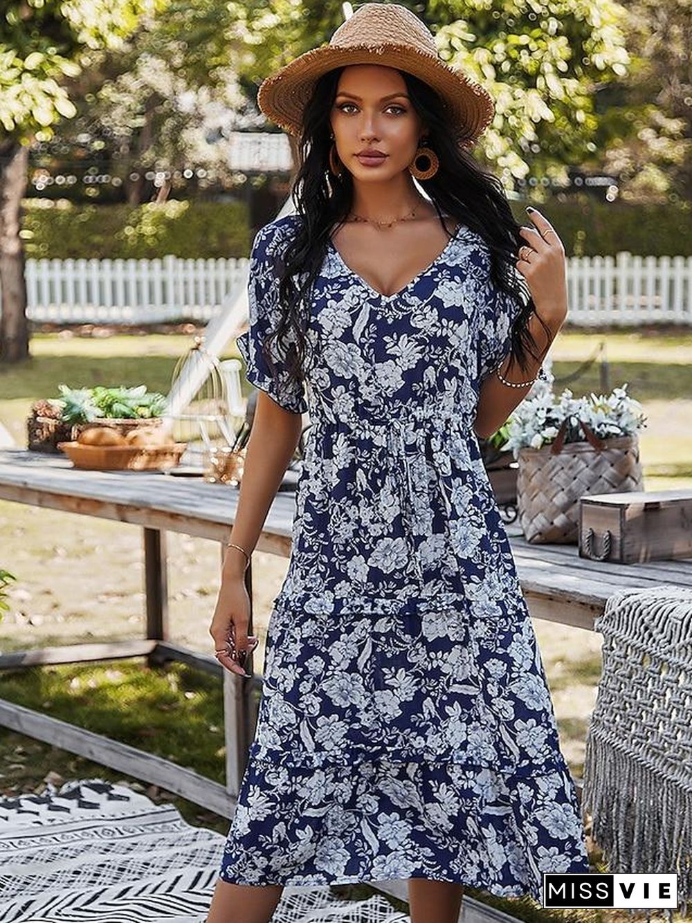 Women's Swing Dress Knee Length Dress Black Blushing Pink Orange Green Navy Blue Short Sleeve Floral Print Spring Summer V Neck Casual  S M L XL