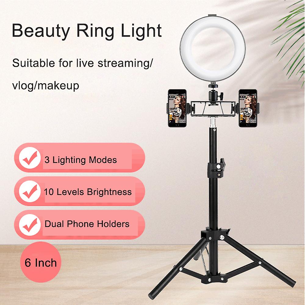 6 Inch Mini Selfie Beauty Ring Light Photography Lamp 3 Lighting Modes Dimmable Usb Powered With 50cm Light Stand + Desktop Tripod + Phone Holder Brac