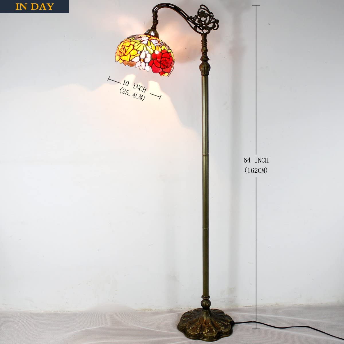 Rose LED Tiffany Floor Lamp 64" Tall Industrial Pole Vintage Boho Stained Glass Standing Corner Arc Bright Reading Soft Light Arched Gooseneck Adjustable-Living Room Kids Bedroom Farmhouse