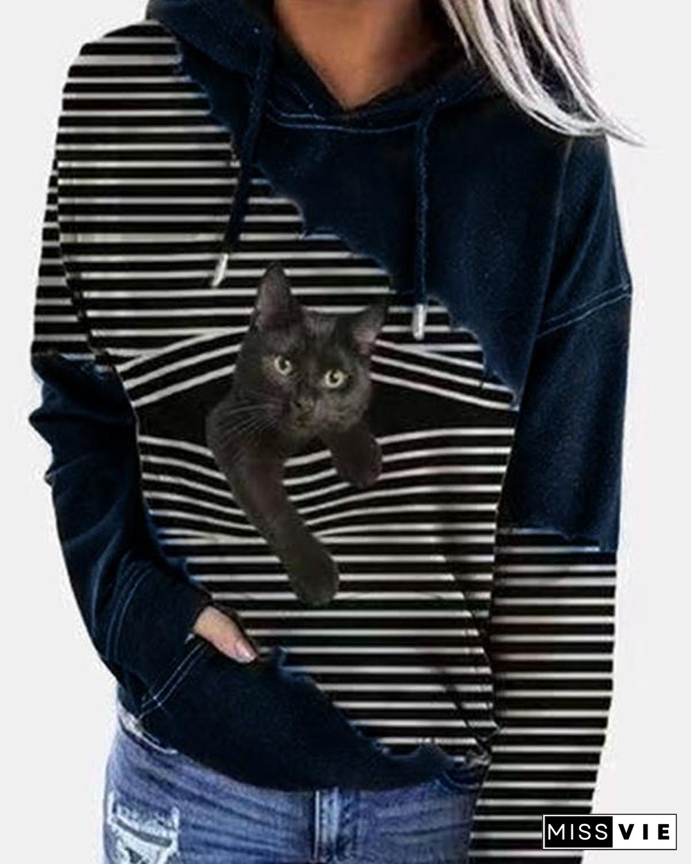 Women Fashion Cat Print Drawstring Hoodies