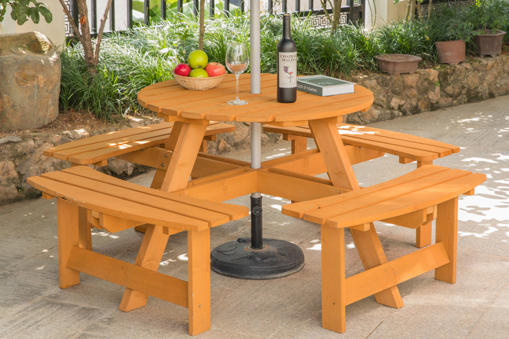 Wooden Outdoor Patio Garden Round Picnic Table with Bench， 8 Person