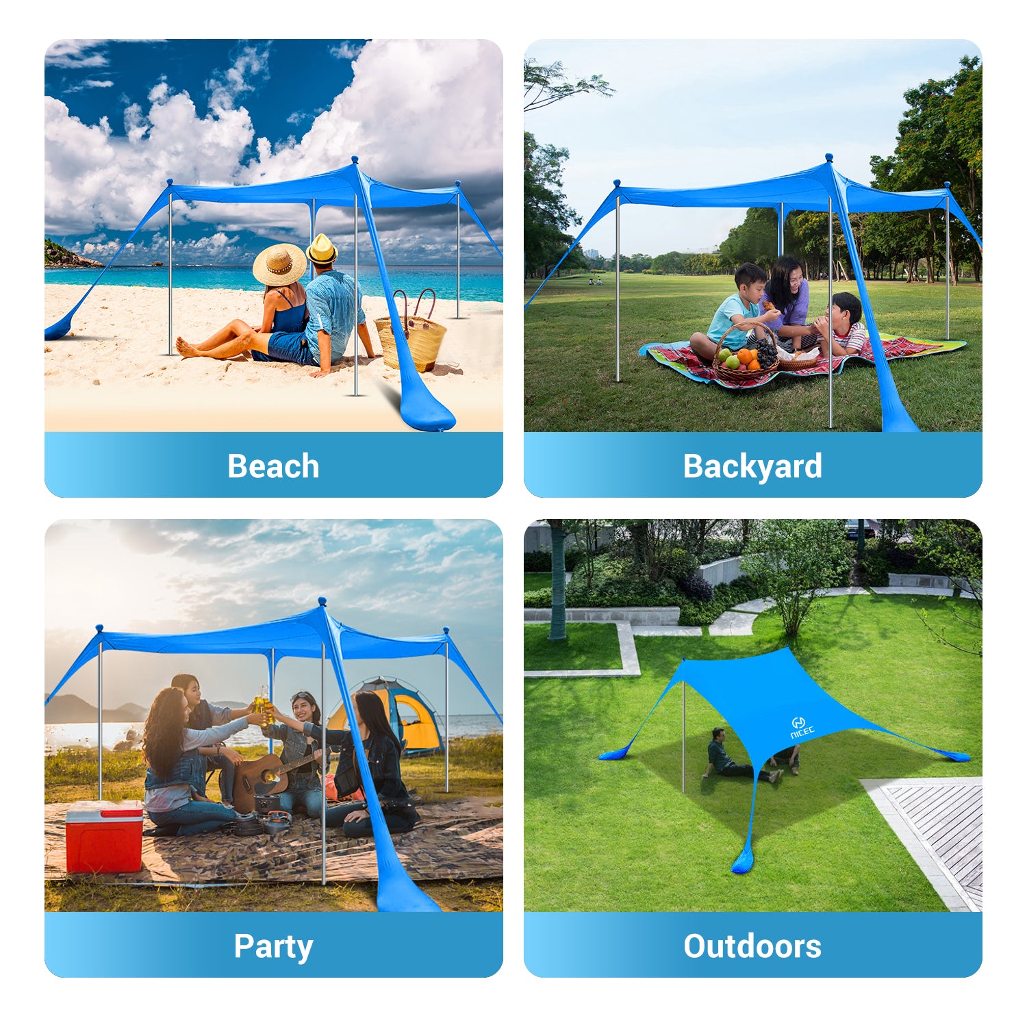 Nice C Beach Tent Canopy， Sun Shelter， Pop Up Sunshade Portable 6.6Ft/10Ft UPF 50+ with Carry Bag， Sand Shovel， Aluminum Poles Umbrella Outdoor， Pool， Garden (6.7x6.7 FT， 4 Pole， Blue)