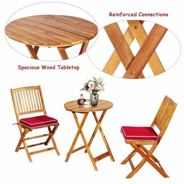 3 Pieces Acacia Wood Patio Folding Bistro Set Cushioned Chair - Overstock - 37532301